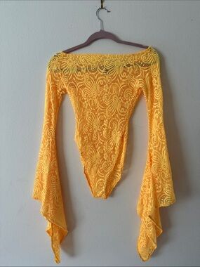 Yellow Lace Off-Shoulder Bell Sleeve Festival Bodysuit